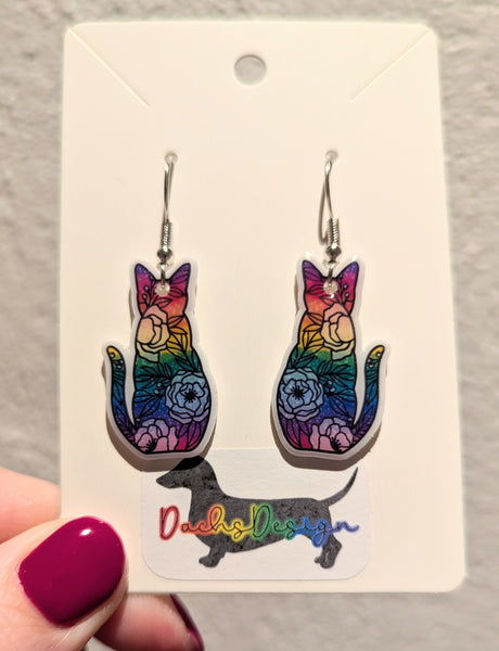 Floral Rainbow Cat Dangly Earrings