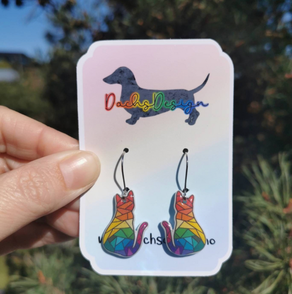 Sparkly Stained Glass Rainbow Cat Dangly Earrings